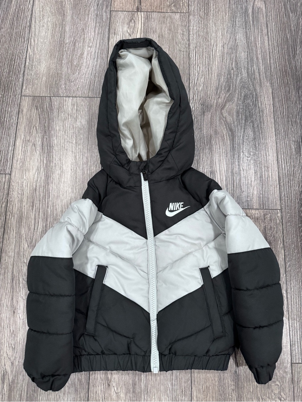 Nike Kids Black and Gray Hooded Puffer Jacket-Size 2T